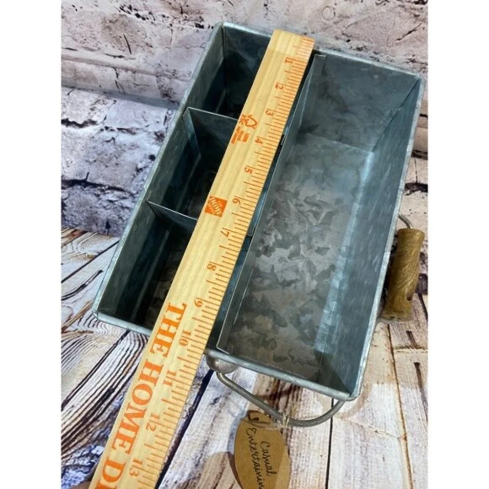 Galvanized Metal Caddy Organizer Wood Handle 3 Compartment‎ Rustic Farmhouse